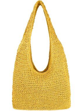 Women's Yellow Large Straw Beach Bag Handmade Woven Shoulder Bags for Summer